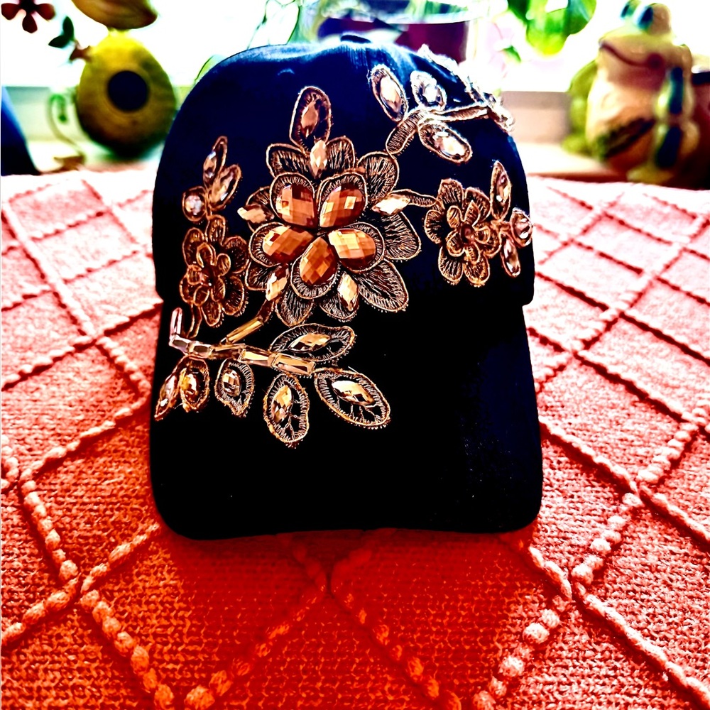 Embellished Black Cap with Floral Design w/ rhinestones.